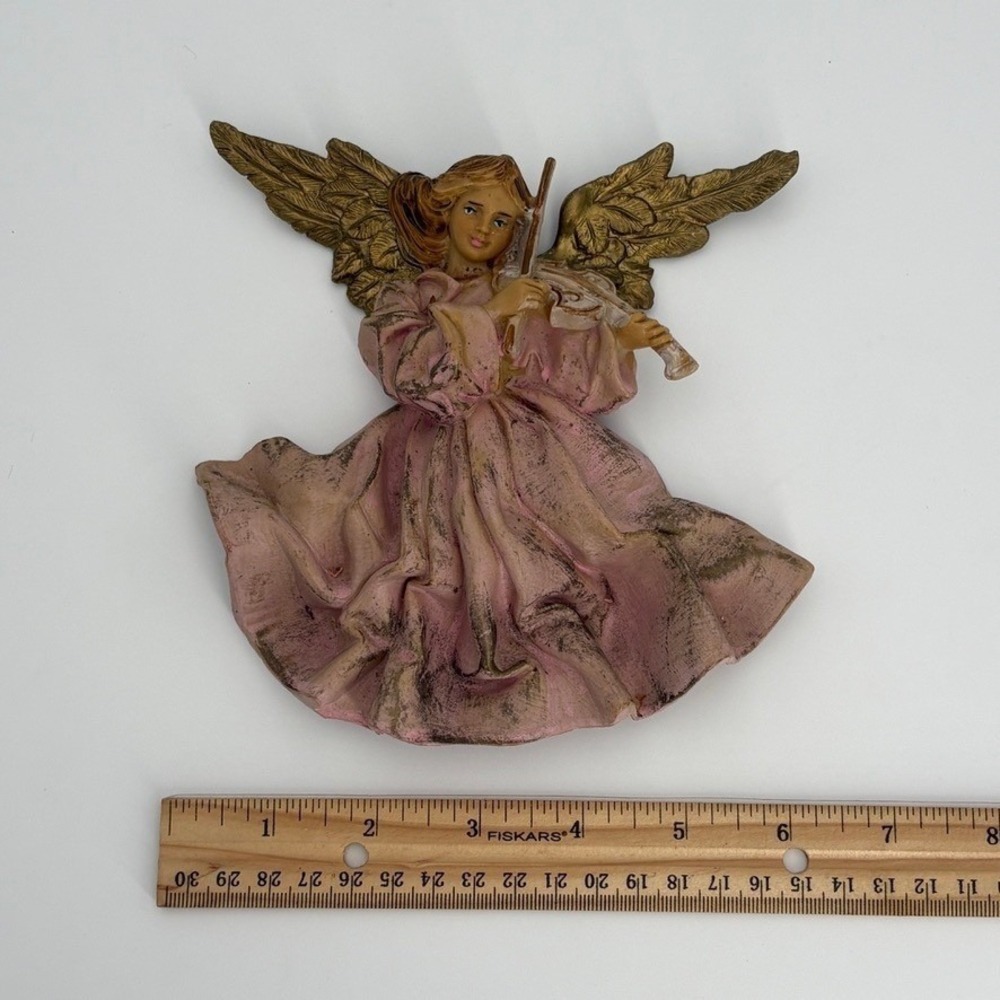 Fontanini 4942 Angel Playing Violin Wall Plaque Italy Pink Gold Wings Vintage